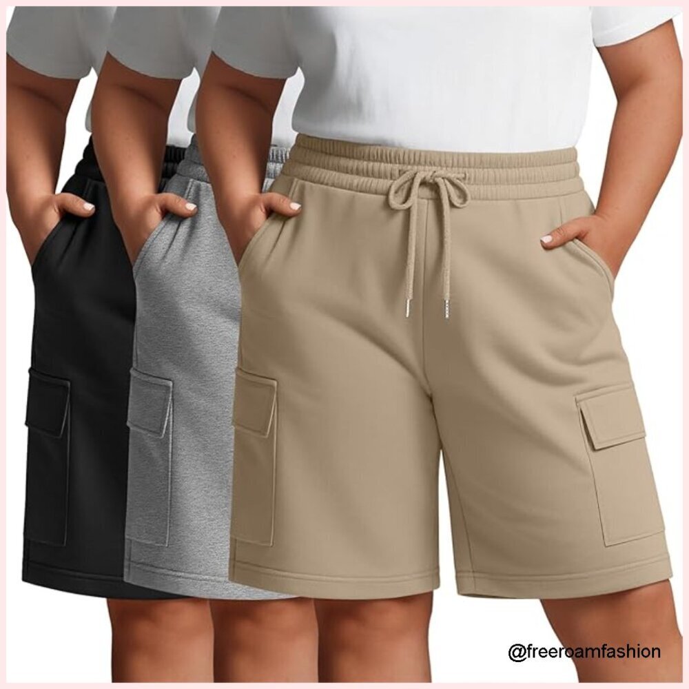 Plus Size Cargo Shorts Elastic Waist Bermuda Length 4 Pockets Athletic Casual